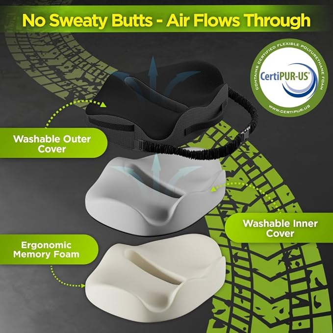 XL Truck Seat Cushion for Truck Driver Seat Cushion - Upgraded Back Support, CertiPUR-US® Certified - Thick Memory Foam, Pain Relief for Hours of Driving, Trucker Approved Big Rig - Black