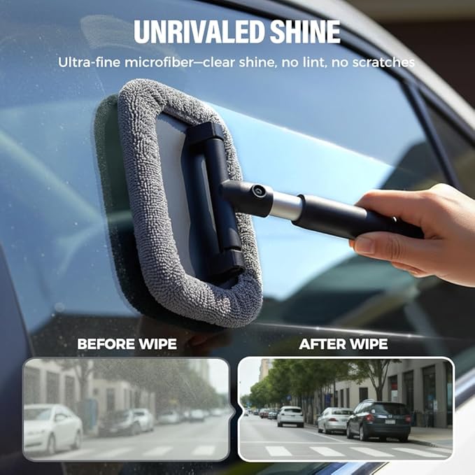 Car Window Cleaner with Extendable Handle and 4 Microfiber Pads, Upgrade Large Head Car Window Cleaning Kit, Dry&Wet Use for Auto Glass, Trucks, SUVs, RVs, Home (Gray)