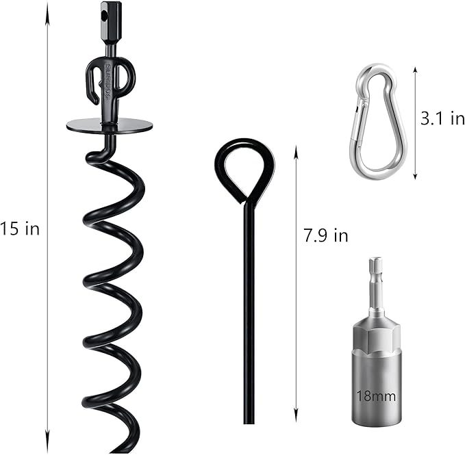 15" Heavy Duty Steel Dog Stake - 9mm Solid Anchor for Dogs Up to 120 lbs -Yard, Camping, Outdoor Use (Black, Only Stake)