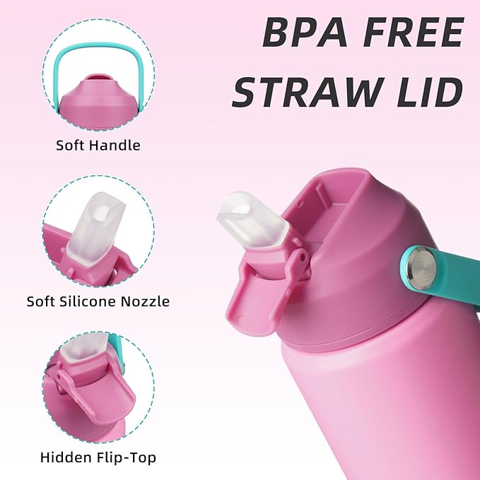 BJPKPK Insulated Water Bottle with Straw Lid, 12oz Thermo Water Bottles, Flex Handle & Non-slip Boot, BPA Free Leak Proof Stainless Steel Metal Thermo, Tumblers, Cups,Rose Pink