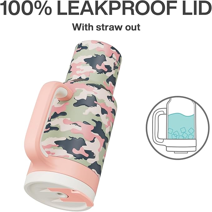 40 oz Camo Tumbler with Handle, 2-in-1 Straw and Sip Lid, Leakproof, Dishwasher Safe, Insulated Stainless Steel Travel Coffee Mug, Keeps Cold for 34 Hours, Fits in Car Cup Holder (Rose Dappled)