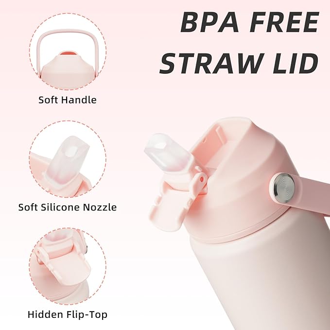 BJPKPK Insulated Water Bottle with Straw Lid, 12oz Thermo Water Bottles, Flex Handle & Non-slip Boot, BPA Free Leak Proof Stainless Steel Metal Thermo, Tumblers, Cups,Pearl Pink