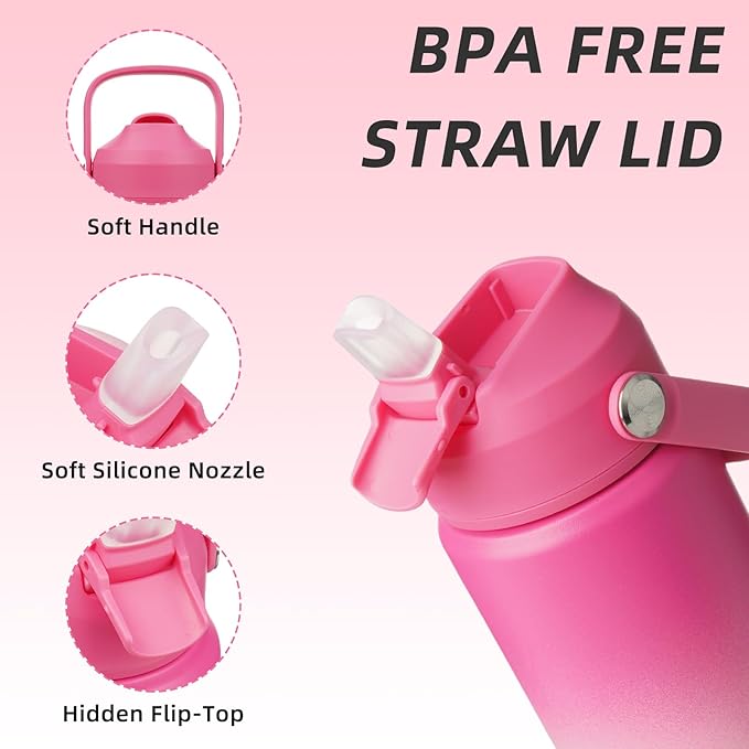 BJPKPK Insulated Water Bottle with Straw Lid, 18oz Thermo Water Bottles with Soft Nozzle, Flex Handle & Non-slip Boot, BPA Free Leak Proof Stainless Steel Metal Thermo, Tumblers, Cups,Cherry