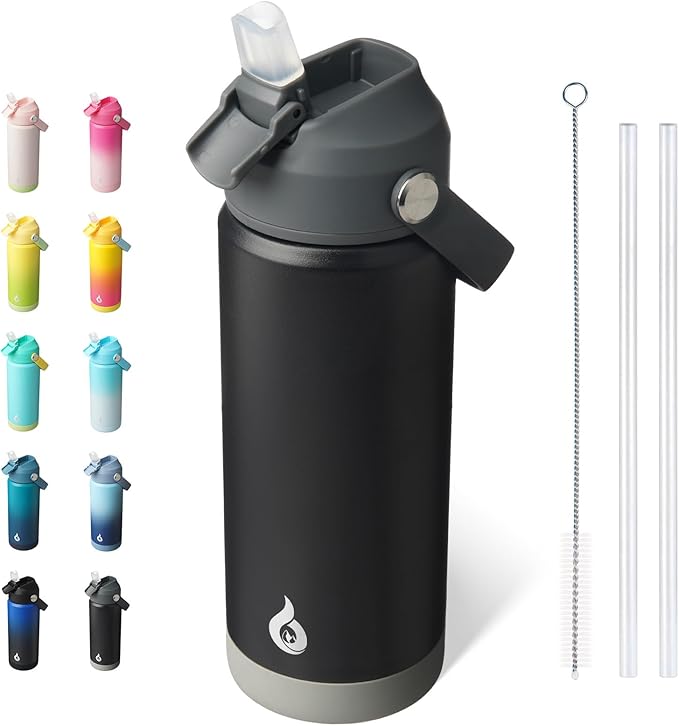 BJPKPK Insulated Water Bottle with Straw Lid, 18oz Thermo Water Bottles with Soft Nozzle, Flex Handle & Non-slip Boot, BPA Free Leak Proof Stainless Steel Metal Thermo, Tumblers, Cups,Black