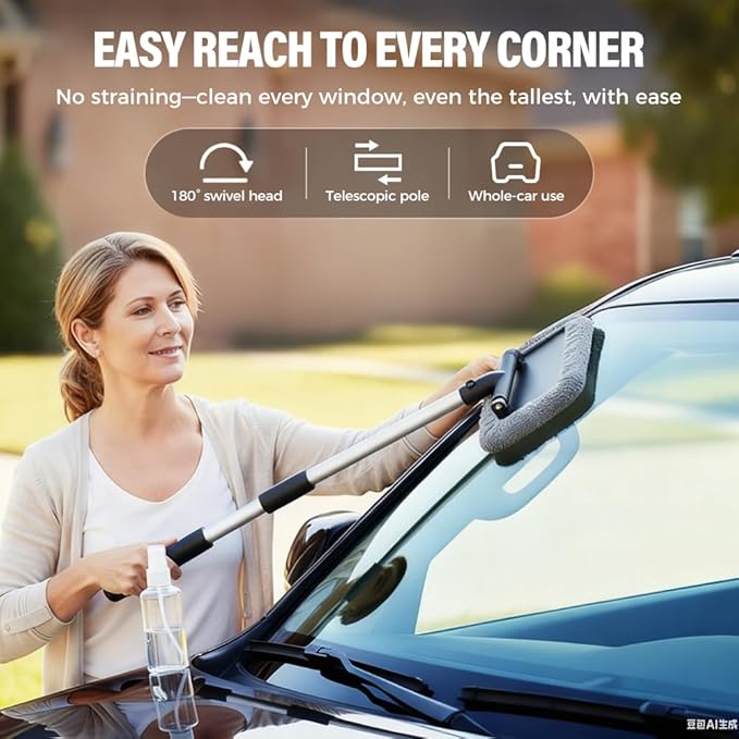 Car Window Cleaner with Extendable Handle and 4 Microfiber Pads, Upgrade Large Head Car Window Cleaning Kit, Dry&Wet Use for Auto Glass, Trucks, SUVs, RVs, Home (Gray)