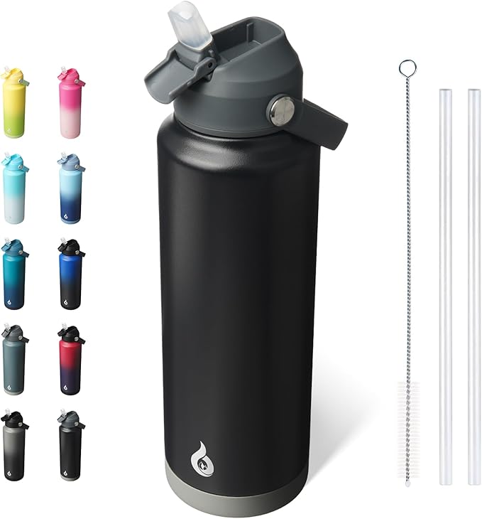 BJPKPK Insulated Water Bottle with Straw Lid, 40oz Large Thermo, BPA Free Leak Proof Stainless Steel Metal Water Bottles, Tumblers, Cups, Flasks for Travel, Sports,Black