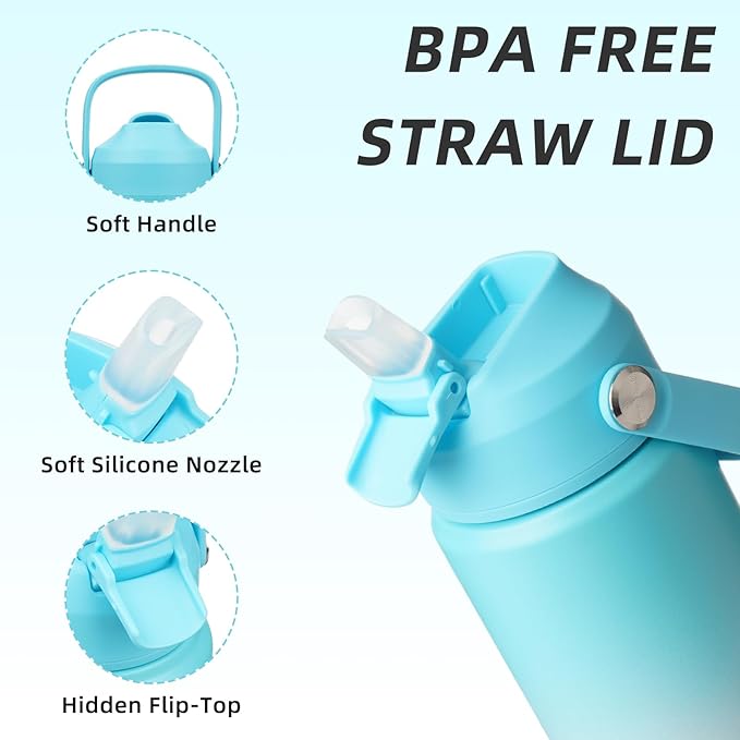 BJPKPK Insulated Water Bottle with Straw Lid, 18oz Thermo Water Bottles with Soft Nozzle, Flex Handle & Non-slip Boot, BPA Free Leak Proof Stainless Steel Metal Thermo, Tumblers, Cups,Sea Salt
