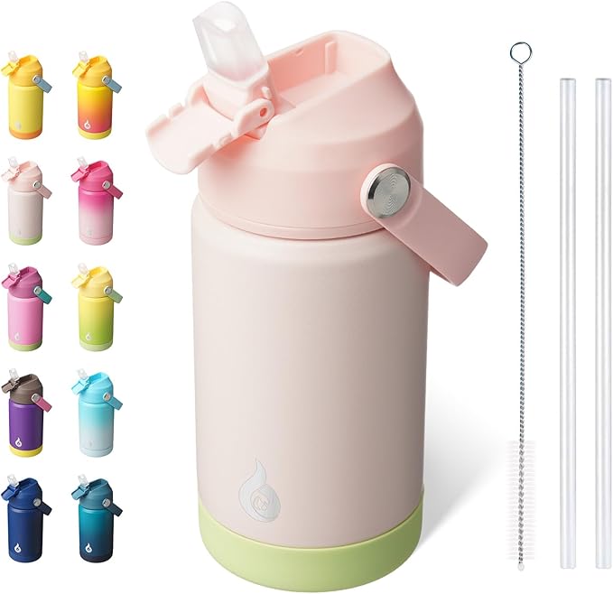 BJPKPK Insulated Water Bottle with Straw Lid, 12oz Thermo Water Bottles, Flex Handle & Non-slip Boot, BPA Free Leak Proof Stainless Steel Metal Thermo, Tumblers, Cups,Pearl Pink