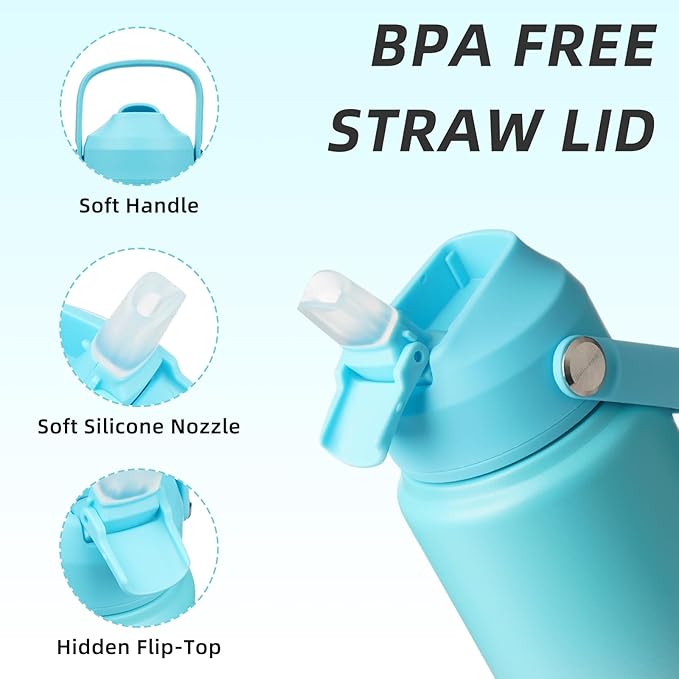 BJPKPK Water Bottle with Straw Lid, 24oz Vacuum Insulated Water Bottles, Metal Stainless Steel Thermo for Sports, Travel, BPA Free Leak Proof Thermo, Cups, Flasks, Tumblers,Sea Salt