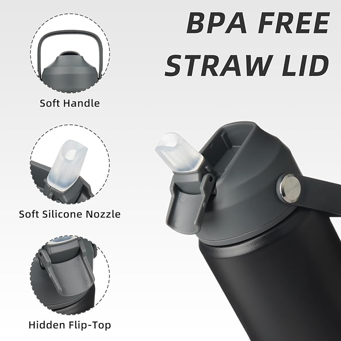 BJPKPK Insulated Water Bottle with Straw Lid, 18oz Thermo Water Bottles with Soft Nozzle, Flex Handle & Non-slip Boot, BPA Free Leak Proof Stainless Steel Metal Thermo, Tumblers, Cups,Black