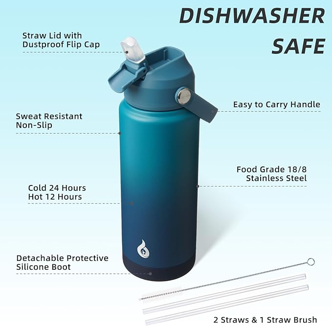 BJPKPK Water Bottle with Straw Lid, 24oz Vacuum Insulated Water Bottles, Metal Stainless Steel Thermo for Sports, Travel, BPA Free Leak Proof Thermo, Cups, Flasks, Tumblers,Vast