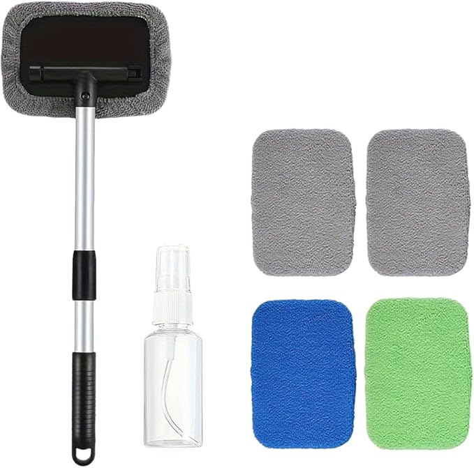 Car Window Cleaner with Extendable Handle and 4 Microfiber Pads, Upgrade Large Head Car Window Cleaning Kit, Dry&Wet Use for Auto Glass, Trucks, SUVs, RVs, Home (Gray)