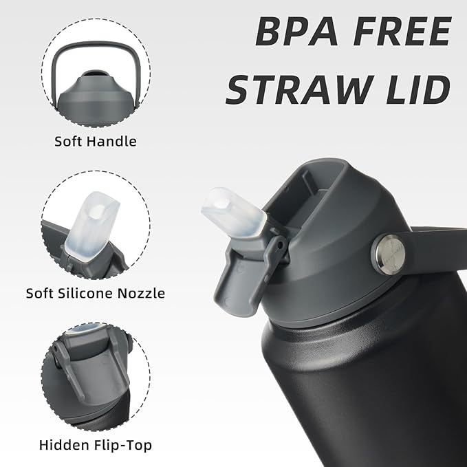 BJPKPK Water Bottle with Straw Lid, 32oz Vacuum Insulated Water Bottles, Metal Stainless Steel Thermo for Sports, Travel, BPA Free Leak Proof Thermo, Cups, Flasks, Tumblers,Black