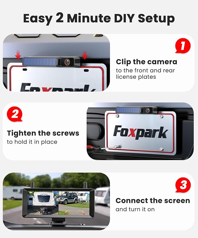 Solar Wireless Backup Camera 2-Cam System: 2-Min Install, 7.2" 1080P HD Split-Screen Monitor with Dual Antennas for Strong Signal, IP69K Waterproof Rear View Camera for Truck, RV, Camper, Trailer