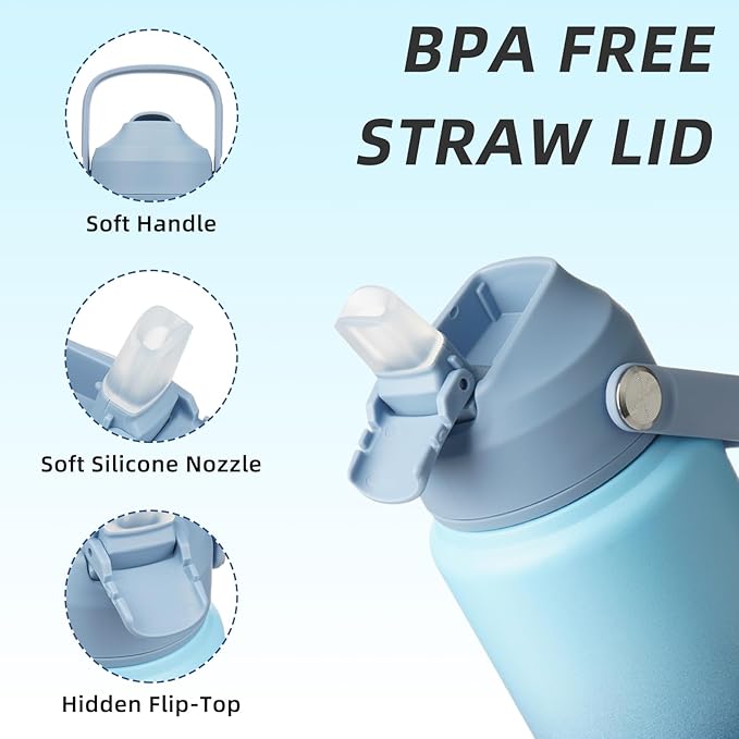 BJPKPK Water Bottle with Straw Lid, 24oz Vacuum Insulated Water Bottles, Metal Stainless Steel Thermo for Sports, Travel, BPA Free Leak Proof Thermo, Cups, Flasks, Tumblers,Sky