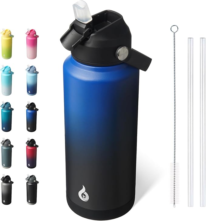 BJPKPK Water Bottle with Straw Lid, 32oz Vacuum Insulated Water Bottles, Metal Stainless Steel Thermo for Sports, Travel, BPA Free Leak Proof Thermo, Cups, Flasks, Tumblers,Black Blue