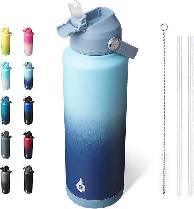 BJPKPK Insulated Water Bottle with Straw Lid, 40oz Large Thermo, BPA Free Leak Proof Stainless Steel Metal Water Bottles, Tumblers, Cups, Flasks for Travel, Sports,Sky