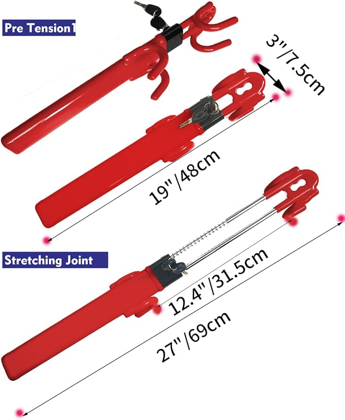 Dodomes Steering Wheel Lock Anti-Theft Heavy Duty Secure Car Device, Adjustable Length Clamp Double Hook Locks Universal Fit (Red)