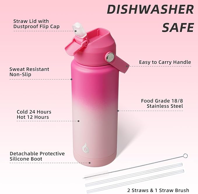 BJPKPK Water Bottle with Straw Lid, 24oz Vacuum Insulated Water Bottles, Metal Stainless Steel Thermo for Sports, Travel, BPA Free Leak Proof Thermo, Cups, Flasks, Tumblers,Cherry