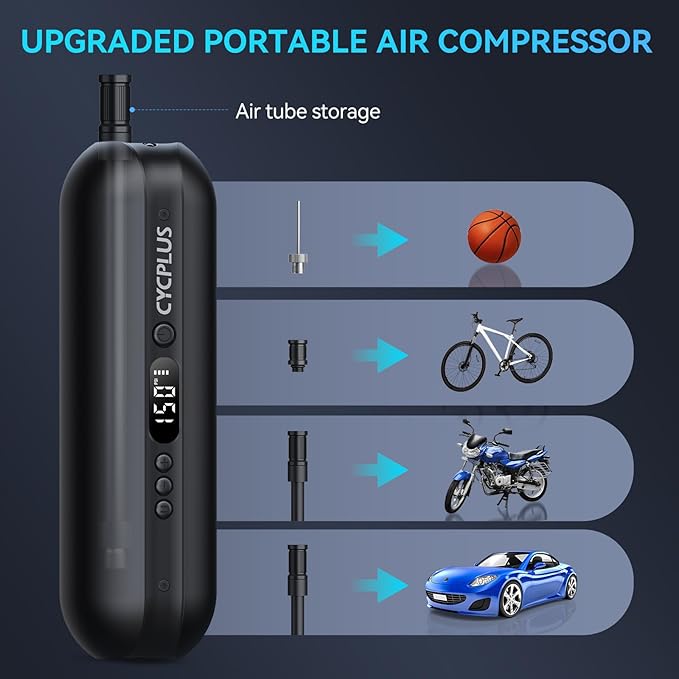CYCPLUS Electric Air Compressor Portable Bicycle Pump Car Tire Inflator, Max 150 PSI, Auto Shut-Off Air Pump with Presta and Schrader Valves for All Bicycles Motorcycles and Cars