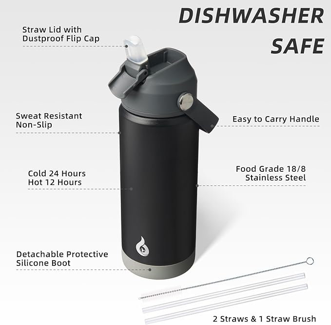 BJPKPK Insulated Water Bottle with Straw Lid, 18oz Thermo Water Bottles with Soft Nozzle, Flex Handle & Non-slip Boot, BPA Free Leak Proof Stainless Steel Metal Thermo, Tumblers, Cups,Black