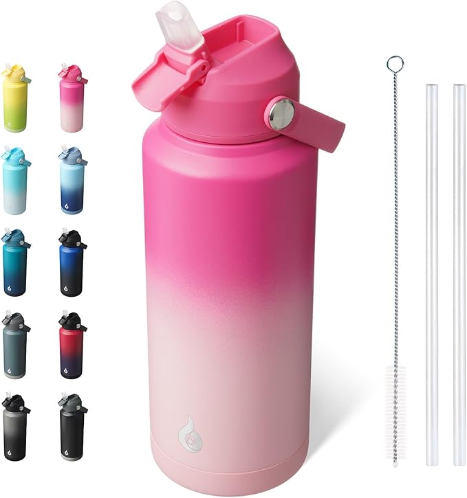 BJPKPK Water Bottle with Straw Lid, 32oz Vacuum Insulated Water Bottles, Metal Stainless Steel Thermo for Sports, Travel, BPA Free Leak Proof Thermo, Cups, Flasks, Tumblers,Cherry