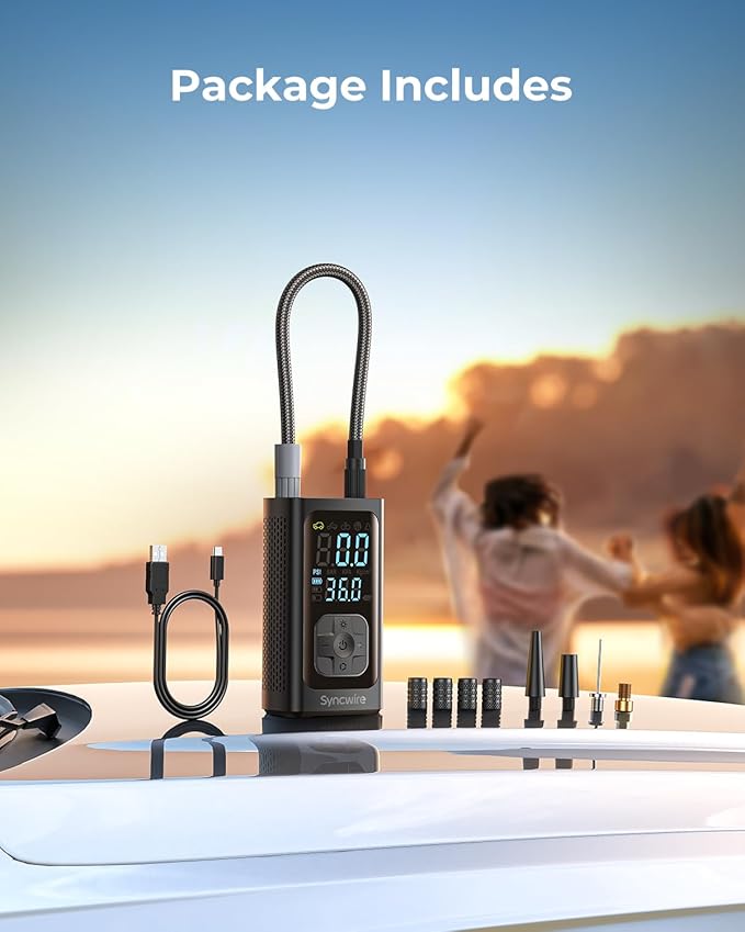 Syncwire Tire Inflator Portable Air Compressor - 150PSI 2X Faster Inflation Smart Air Pump for Car Tires [Extra-Large LCD] with Digital Pressure Gauge, Auto Shut-Off for Car, Motorcycle, Bike & Balls