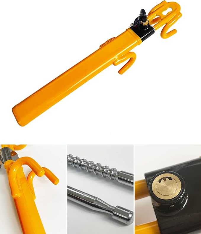 Dodomes Steering Wheel Lock Anti-Theft Heavy Duty Secure Car Device, Adjustable Length Clamp Double Hook Locks Universal Fit (Yellow)