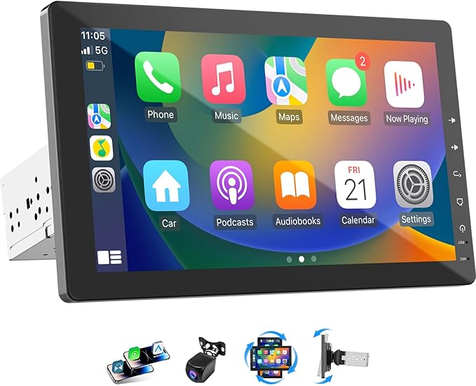 10.1" Single Din Car Radio with Rotatable Touchscreen, Wireless Apple CarPlay, Android Auto, GPS Navigation, Bluetooth, Hi-Fi Sound, Voice Control, Backup Camera