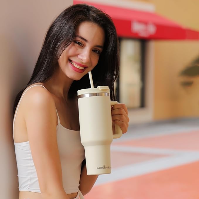 40oz Tumbler with Handle,Double Wall Vacuum Reusable Stainless Steel Insulated Water Bottle,With Leak Proof lid and Straw for Iced or Cold Beverages (Beige)