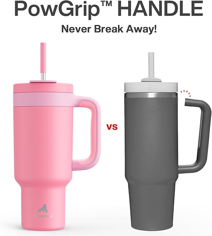 POWCAN 40 oz Tumbler with Handle, 2-in-1 Straw and Sip Lid, Leakproof, Dishwasher Safe, Insulated Stainless Steel Travel Coffee Mug, Keeps Cold for 34 Hours, Fits in Car Cup Holder (Coral)