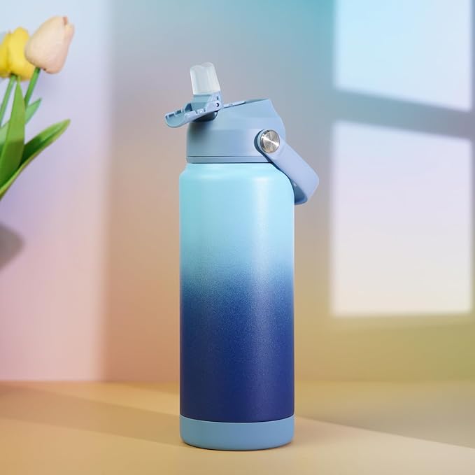 BJPKPK Insulated Water Bottle with Straw Lid, 18oz Thermo Water Bottles with Soft Nozzle, Flex Handle & Non-slip Boot, BPA Free Leak Proof Stainless Steel Metal Thermo, Tumblers, Cups,Sky