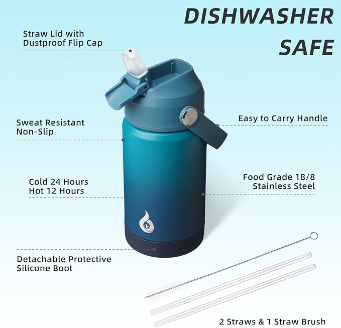 BJPKPK Insulated Water Bottle with Straw Lid, 12oz Thermo Water Bottles with Soft Nozzle, Flex Handle & Non-slip Boot, BPA Free Leak Proof Stainless Steel Metal Thermo, Tumblers, Cups,Vast