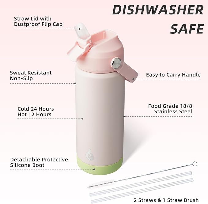 BJPKPK Insulated Water Bottle with Straw Lid, 18oz Thermo Water Bottles, Flex Handle & Non-slip Boot, BPA Free Leak Proof Stainless Steel Metal Thermo, Tumblers, Cups,Pearl Pink