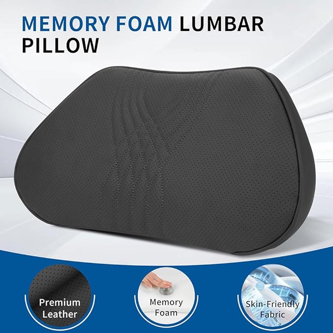 Lumbar Support Pillow for Car Seat, Office Chair Leather Memory Foam Lower Back Cushion for Back Pain Relief Improve Posture, Ergonomic Back Rest for Gaming Chair, Black, 1PC