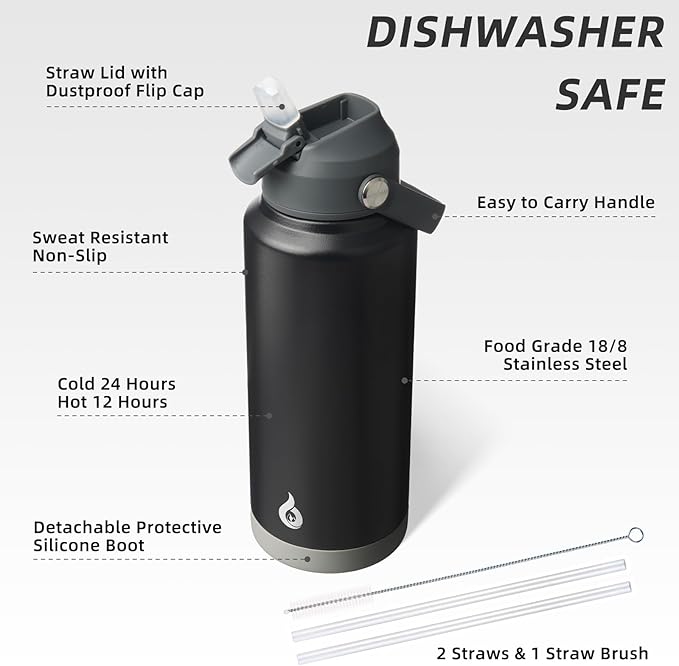 BJPKPK Water Bottle with Straw Lid, 32oz Vacuum Insulated Water Bottles, Metal Stainless Steel Thermo for Sports, Travel, BPA Free Leak Proof Thermo, Cups, Flasks, Tumblers,Black