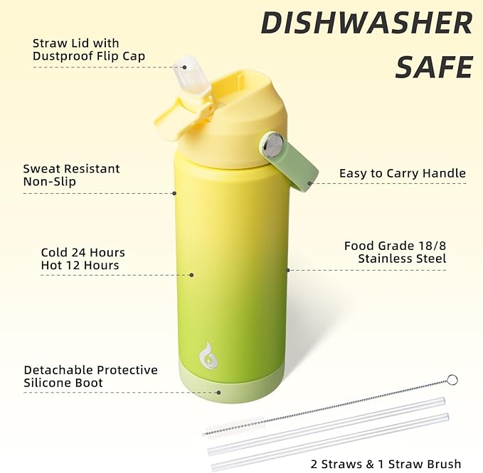 BJPKPK Insulated Water Bottle with Straw Lid, 18oz Thermo Water Bottles, Flex Handle & Non-slip Boot, BPA Free Leak Proof Stainless Steel Metal Thermo, Tumblers, Cups,Fresh Green