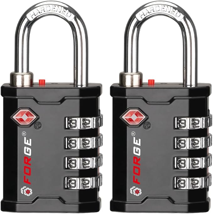 Forge 4-Digit TSA Approved Travel Locks – Heavy-Duty Combination Padlock for Travel, Gym, Pelican Case. Black 2-Pack.