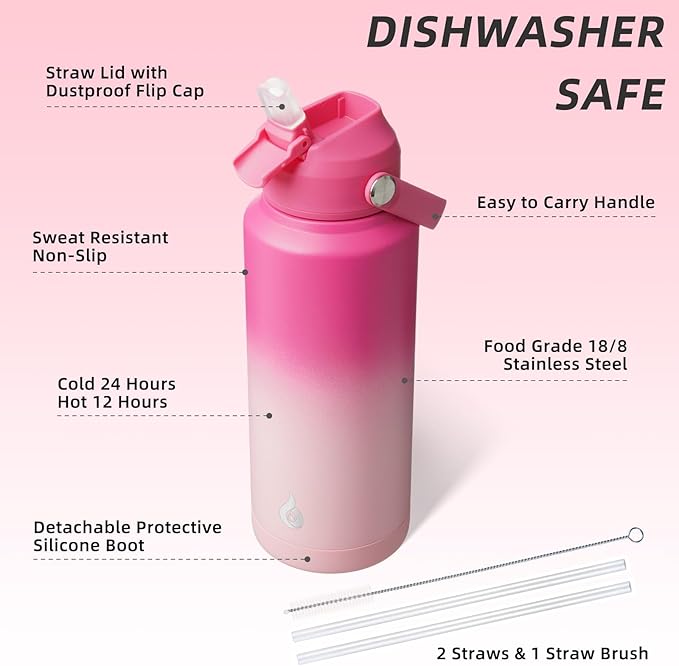 BJPKPK Water Bottle with Straw Lid, 32oz Vacuum Insulated Water Bottles, Metal Stainless Steel Thermo for Sports, Travel, BPA Free Leak Proof Thermo, Cups, Flasks, Tumblers,Cherry