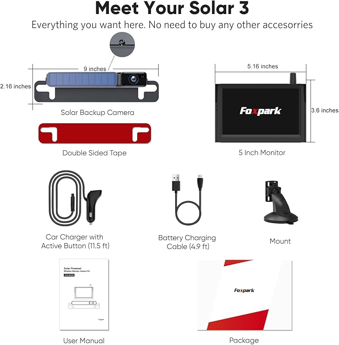 Solar Wireless Backup Camera, 1080P 5'' Monitor Back Up Camera Systems Wireless, 3 Mins DIY Installation, Reverse Camera for Car, Truck, Van, RV