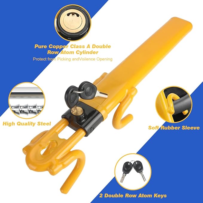 Car Steering Wheel Lock Anti-Theft Device,Yellow Car Lock Steering Wheel Lock Heavy Duty Anti Theft Car Device with Key