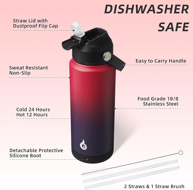 BJPKPK Water Bottle with Straw Lid, 24oz Vacuum Insulated Water Bottles, Metal Stainless Steel Thermo for Sports, Travel, BPA Free Leak Proof Thermo, Cups, Flasks, Tumblers,Charming Red