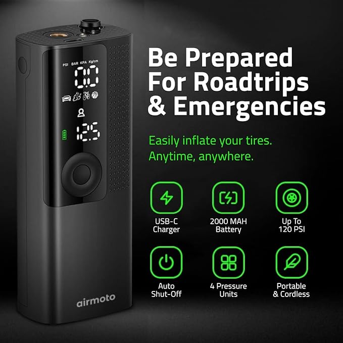 Airmoto Tire Inflator Portable Air Compressor - Air Pump For Car Tires with Digital Pressure Gauge, LED Light and Auto Shut-Off Function - Cordless Pump for Car, Motorcycle, Bicycle, Ball
