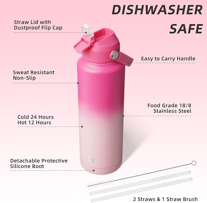 BJPKPK Insulated Water Bottle with Straw Lid, 40oz Large Thermo, BPA Free Leak Proof Stainless Steel Metal Water Bottles, Tumblers, Cups, Flasks for Travel, Sports,Cherry