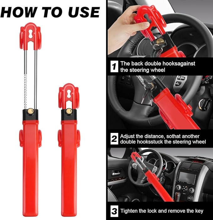 Car Steering Wheel Lock Anti-Theft Device,Red Car Steering Wheel Lock Heavy Duty Anti Theft Car Device with Key