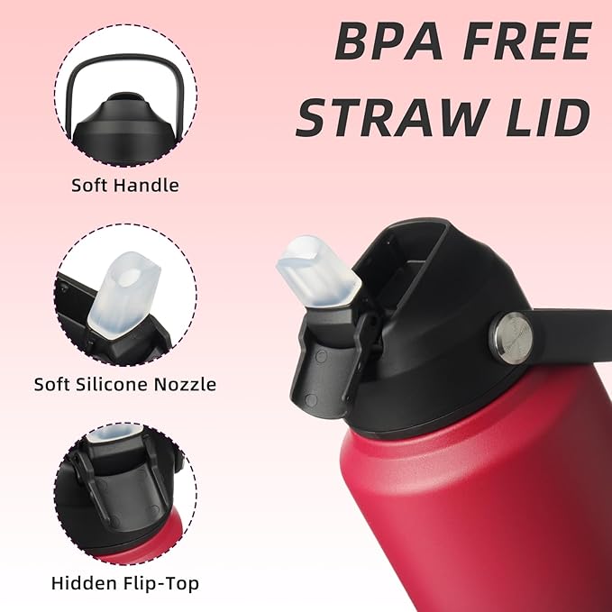 BJPKPK Insulated Water Bottle with Straw Lid, 40oz Large Thermo, BPA Free Leak Proof Stainless Steel Metal Water Bottles, Tumblers, Cups, Flasks for Travel, Sports,Charming Red