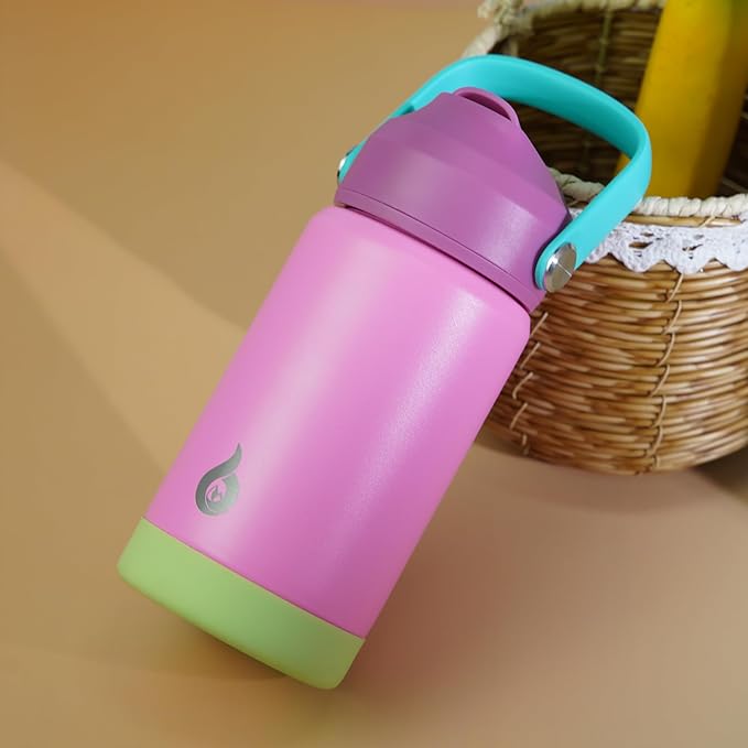 BJPKPK Insulated Water Bottle with Straw Lid, 12oz Thermo Water Bottles, Flex Handle & Non-slip Boot, BPA Free Leak Proof Stainless Steel Metal Thermo, Tumblers, Cups,Rose Pink