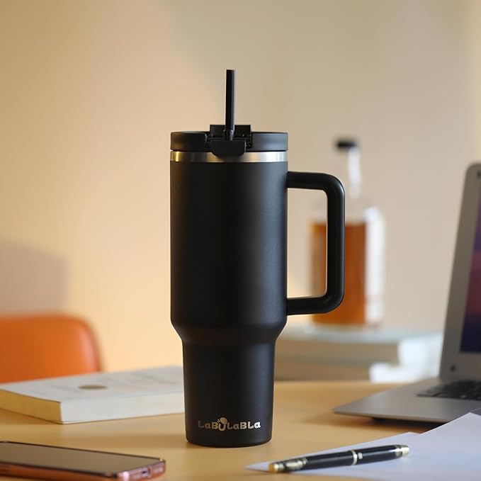 40oz Tumbler with Handle,Double Wall Vacuum Reusable Stainless Steel Insulated Water Bottle,With Leak Proof lid and Straw for Iced or Cold Beverages (Black)