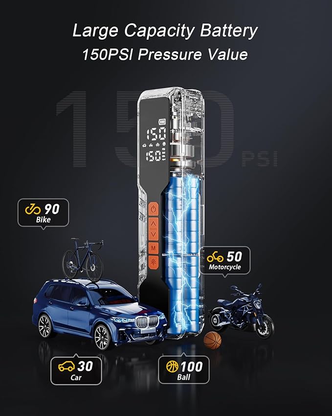 Tire Inflator Portable Air Compressor 6X Air Pump for Car Tires, 150PSI&5400 mAh Portable Tire Inflator for Car,DC 12V Air Compressor with Pressure Gauge/LED Light, for Car Tires/Bike/Motorcycle/Ball