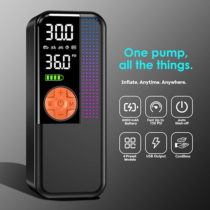 Portable Tire Inflator Air Compressor, 150 PSI Cordless Air Pump, 6000mAh Battery & 12V Car Outlet, Digital Pressure Gauge, Auto Shut-Off, Fast 24L/Min, LED Light, 4 Preset Modes for Car, Bike, Balls